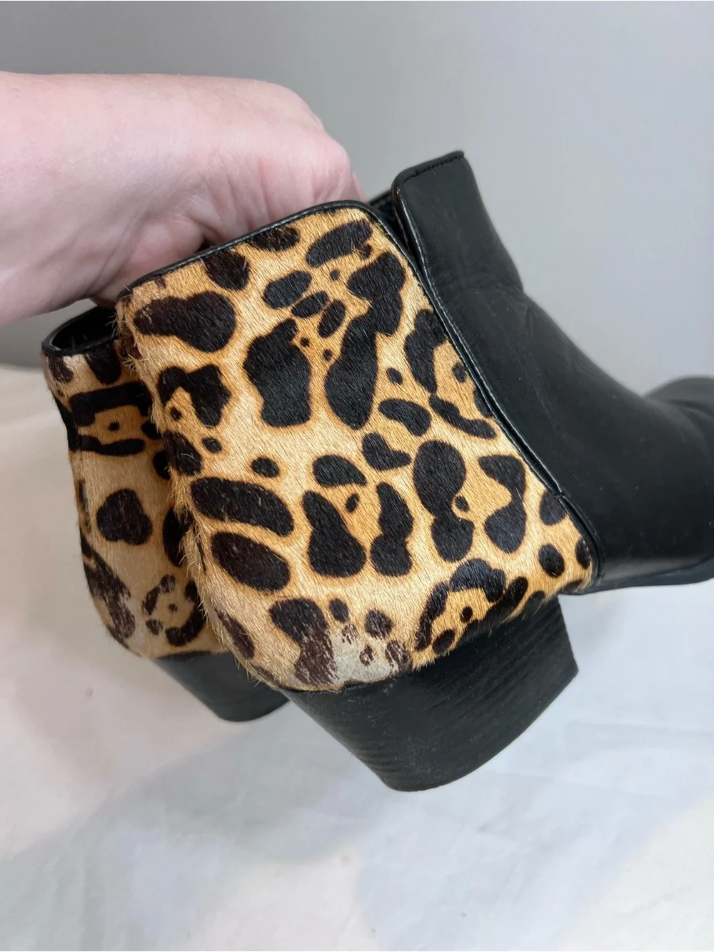 Franco Sarto Quasar black leather ankle boots leopard print calf hair heel 10